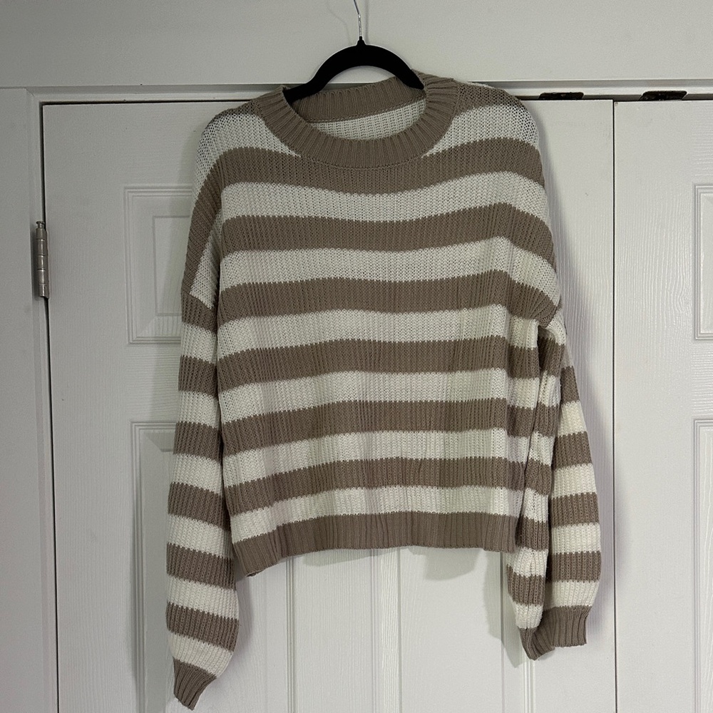 Striped Cream and Taupe Crewneck Sweater